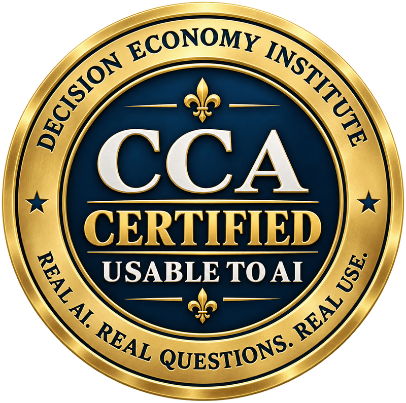 CCA Certified Usable to AI seal — Decision Economy Institute. Real AI. Real Questions. Real Use.