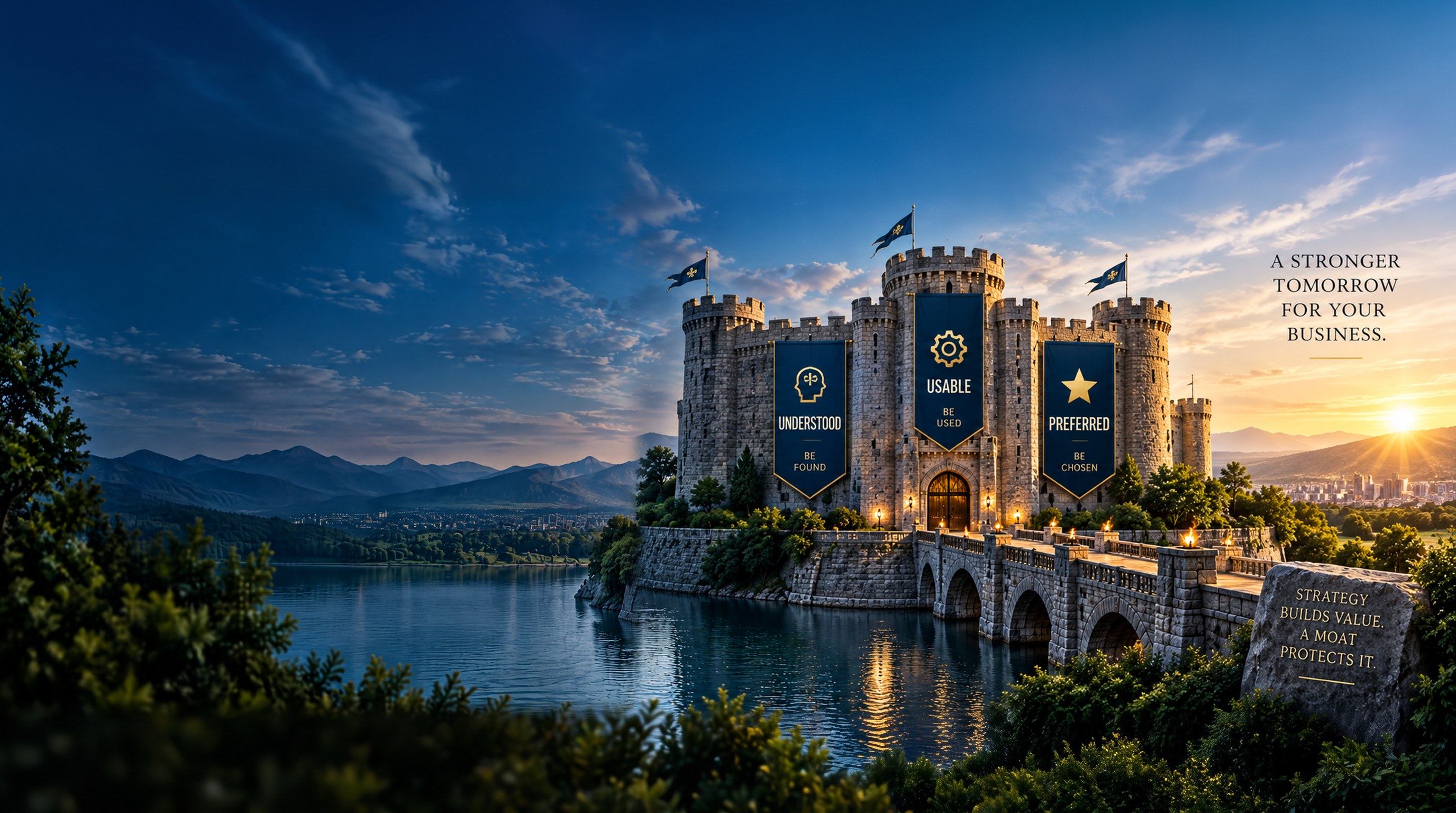 Castle with Understood, Usable and Preferred banners, protected by a moat at sunset